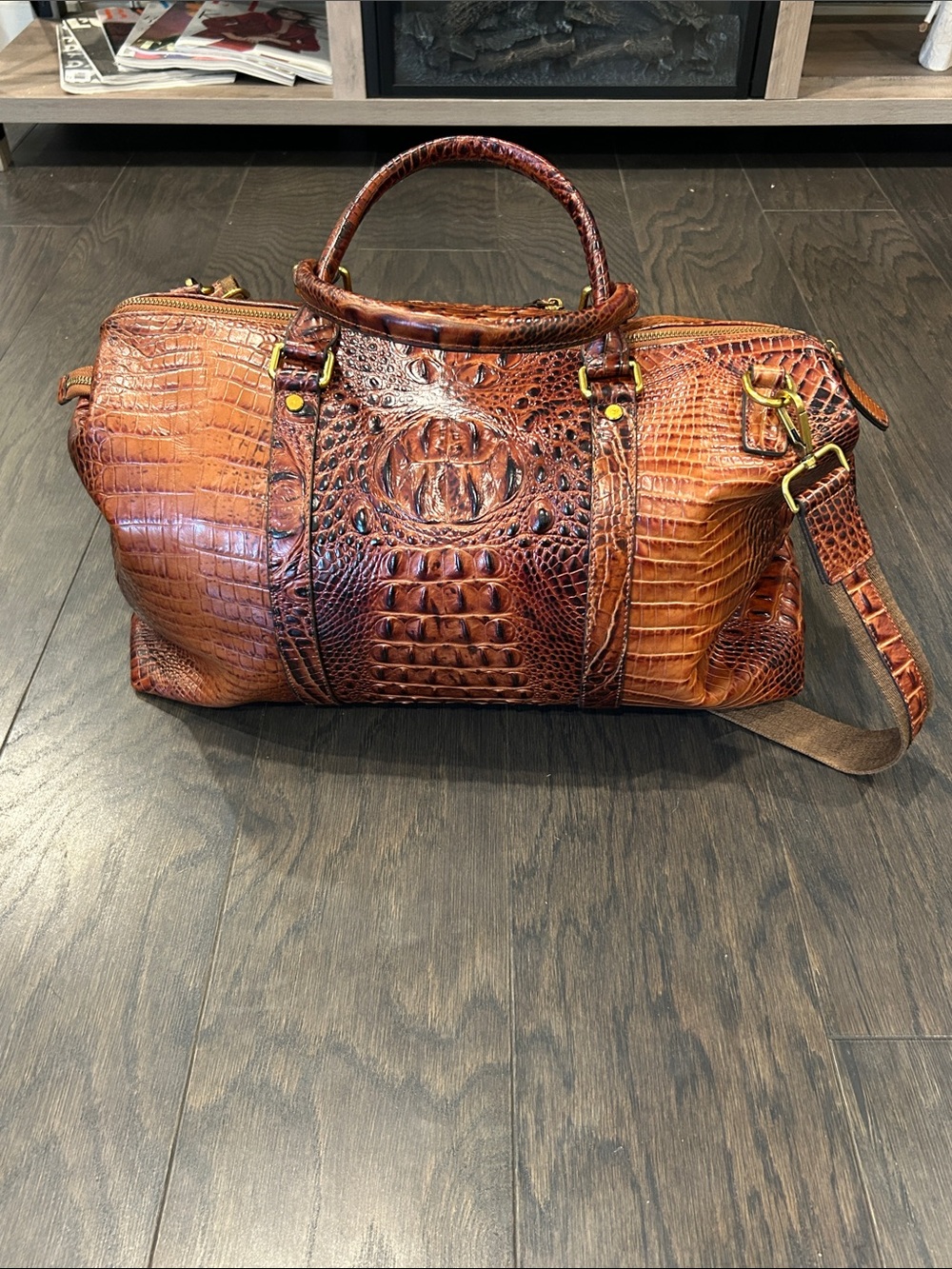 Croc-Embossed Leather Weekender Bag in Rich Cognac
